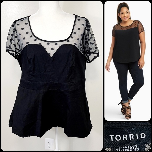 TORRID Black Sheer Polka Dot Short Sleeve Peplum Top - 2X - Picture 1 of 10